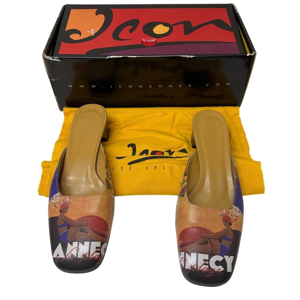 Icon Annecy La Plage Art Print Leather Mules Square Toe Block Heel Womens 8.5 M